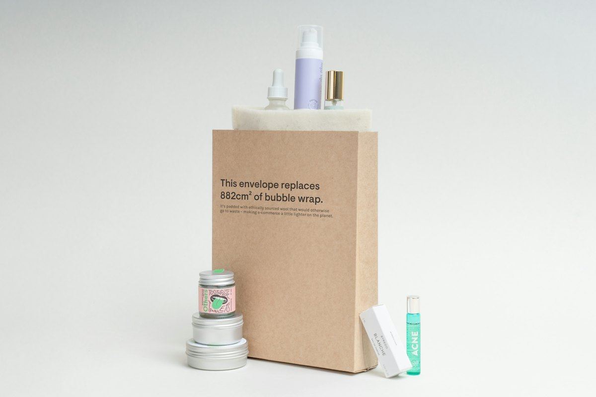 Products arranged around cardboard packaging