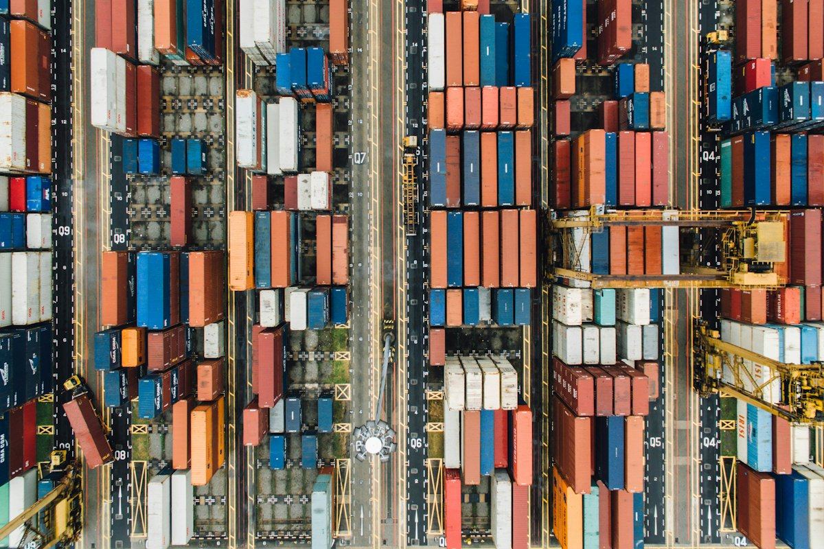Aerial view of shipping containers at a port