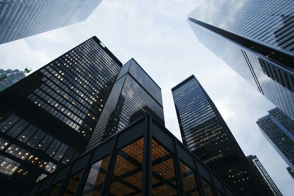 Low-angle view of city office towers